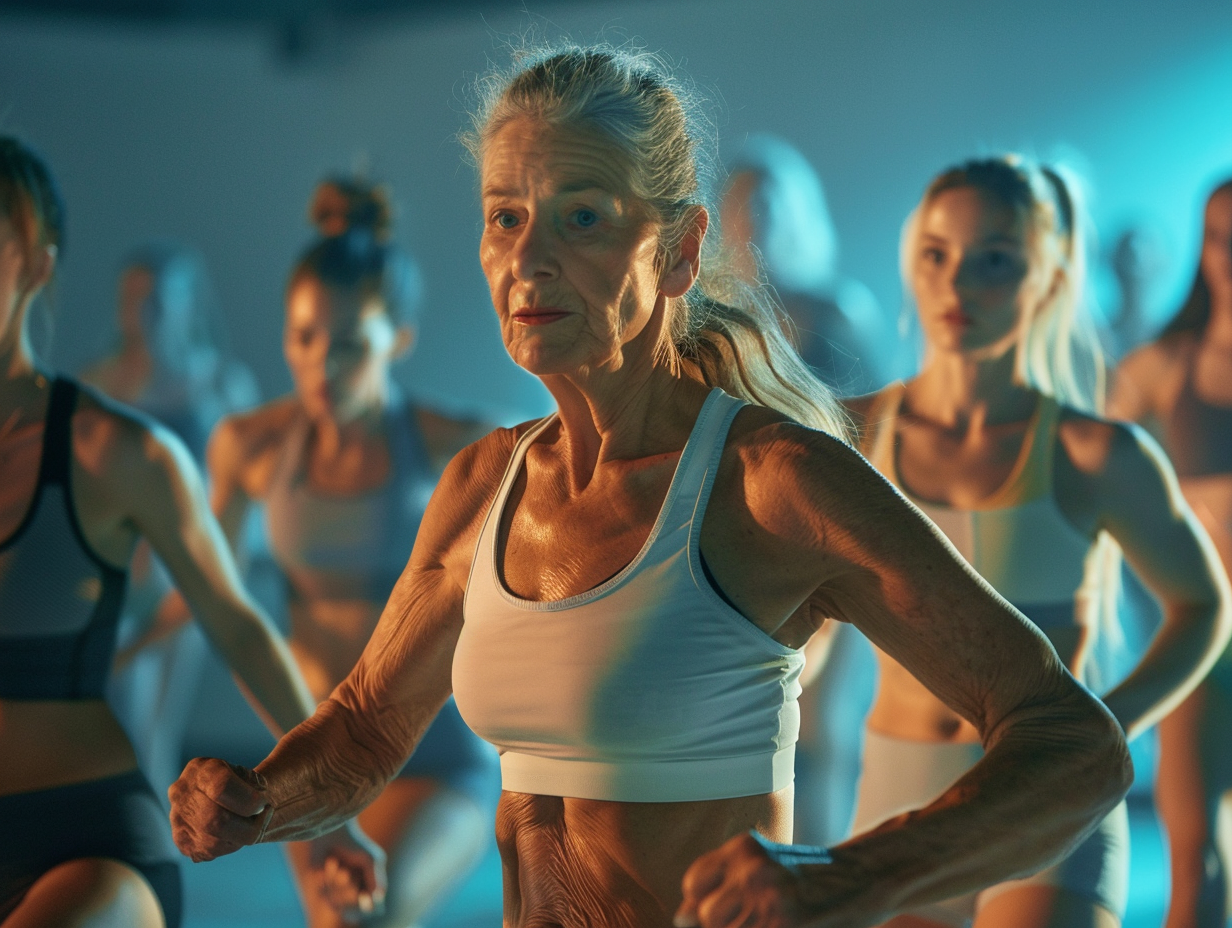 Група людей різного віку займається активними тренуваннями